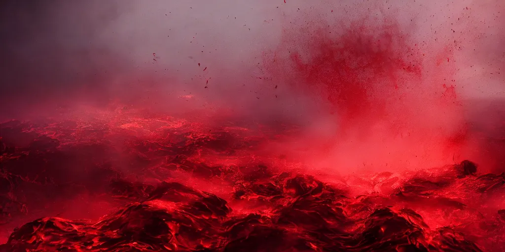 Image similar to a churning, boiling, fiery red sea with lots of smoky black and red steam, fantasy digital art, octane render, beautiful composition, trending on artstation, award-winning photograph, masterpiece