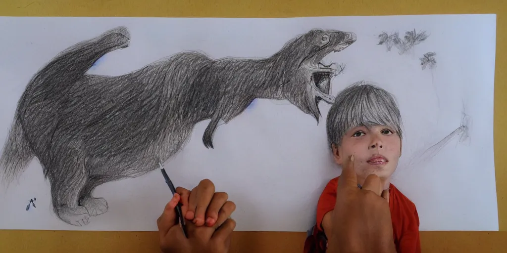 Prompt: A drawing on colored paper of a 6-year-old boy. It shows animals of the Amazon.