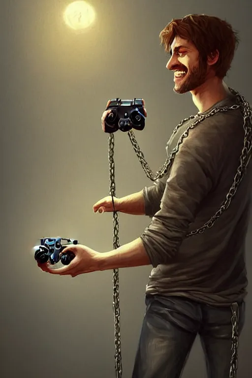 Image similar to very happy tired man holding gaming console in hands. he is chained to the console, intricate, elegant, highly detailed, digital painting, artstation, concept art, addiction, chains, smooth, sharp focus, illustration, art by ilja repin