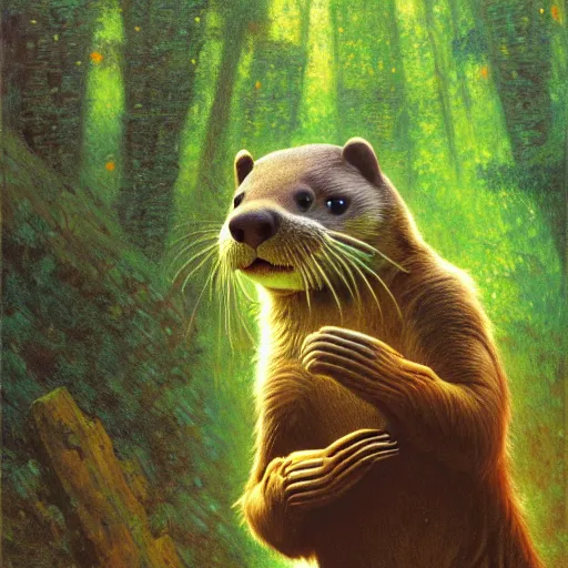 Prompt: a female otter in starfleet uniform at night in a dark forest. zootopia fursona furaffinity furry art detailed face painting by gaston bussiere craig mullins jc leyendecker gustav klimt artgerm greg rutkowski furry