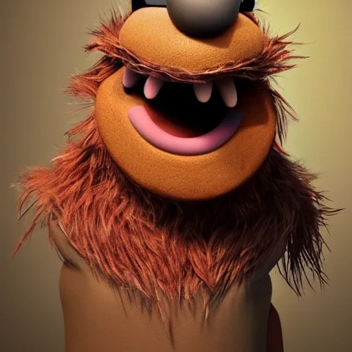 Image similar to a still of a forgotten muppet character looking very manly and modern, hilarious, laughing, hairy chest, huge chin, manly monster tough guy, roughled fur, photo real, photographic, photograph, artstation, trending, featured