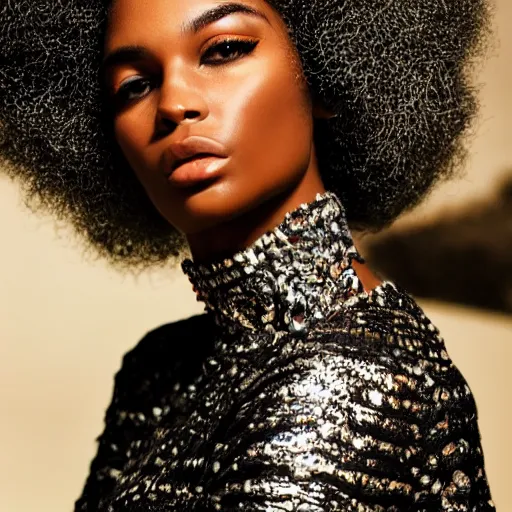 Prompt: close up of face of a black fashion model with large afro, editorial of vogue magazine, highly detailed
