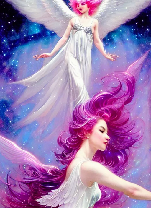 Prompt: closeup harmony of pink haired angel beautiful yoongi wearing white sparkly shiny greek clothes, muted colors, nebula background, neon sparkles everywhere, big wings, dynamic hair movement, + + + + + + dynamic pose, holographic space, glowing effect, j. c leyendecker, by alan lee, wlop! illustrated by starember, fantasy art by craig mullins