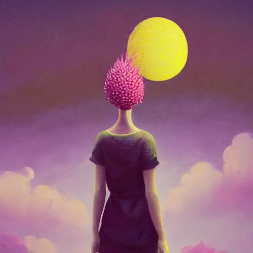 Image similar to girl with a giant flower as a face, surreal photography, dream, standing in flower field, hills, big trees, sunrise dramatic light, impressionist painting, colorful clouds, digital painting, pointillism, artstation, simon stalenhag, flower face