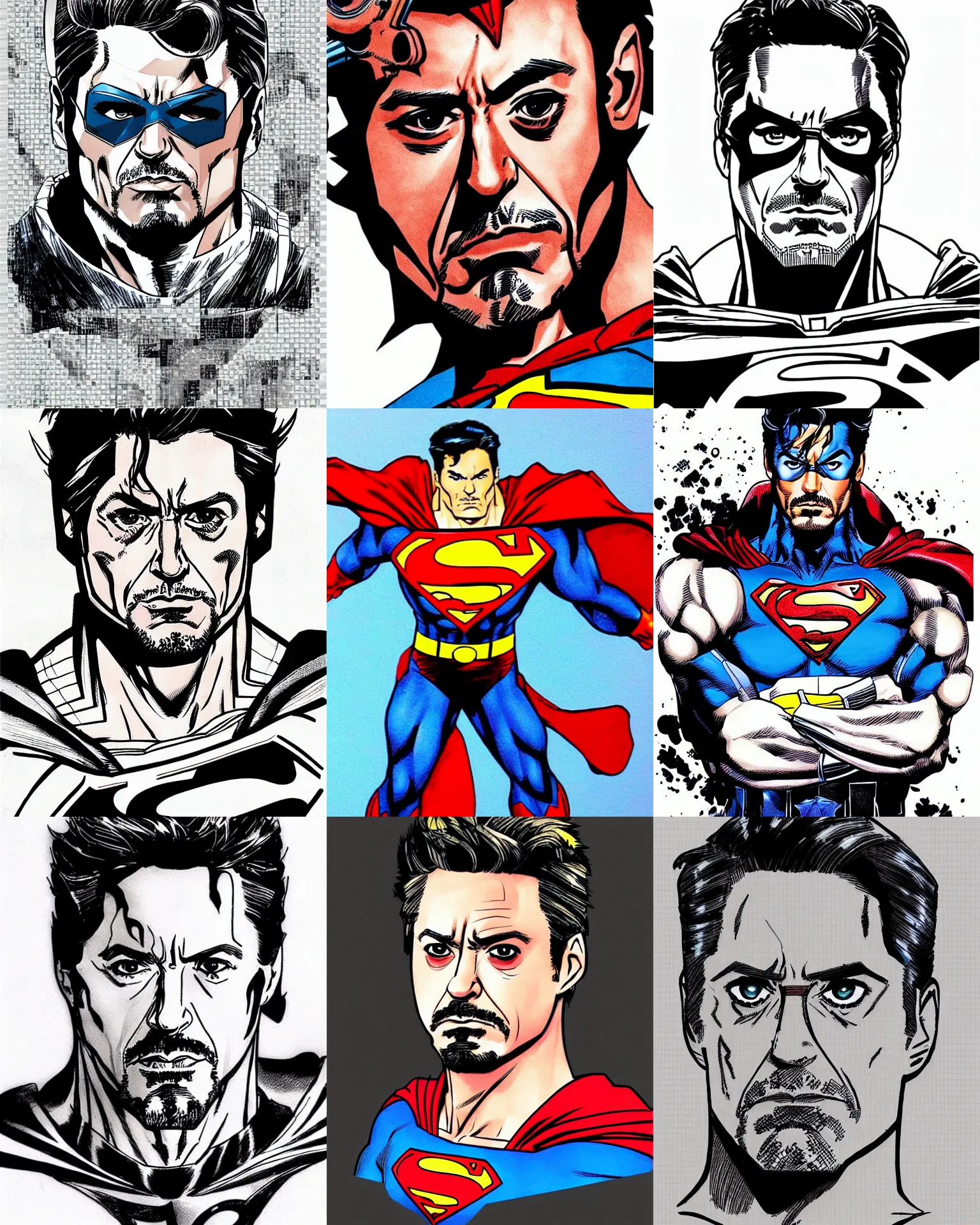 Prompt: robert downey jr!!! jim lee!!! flat ink sketch by jim lee face close up headshot superman costume in the style of jim lee, x - men superhero comic book character by jim lee