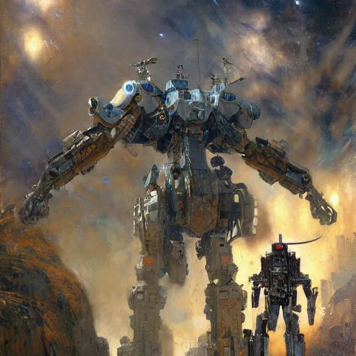 Image similar to six meters tall mech fighting in an urban environment, epic action scene, by gaston bussiere craig mullins jc leyendecker gustav klimt artgerm greg rutkowski john berkey, bergey, craig mullins, ruan jia, raymond swanland, jeremy mann, tom lovell, alex malveda