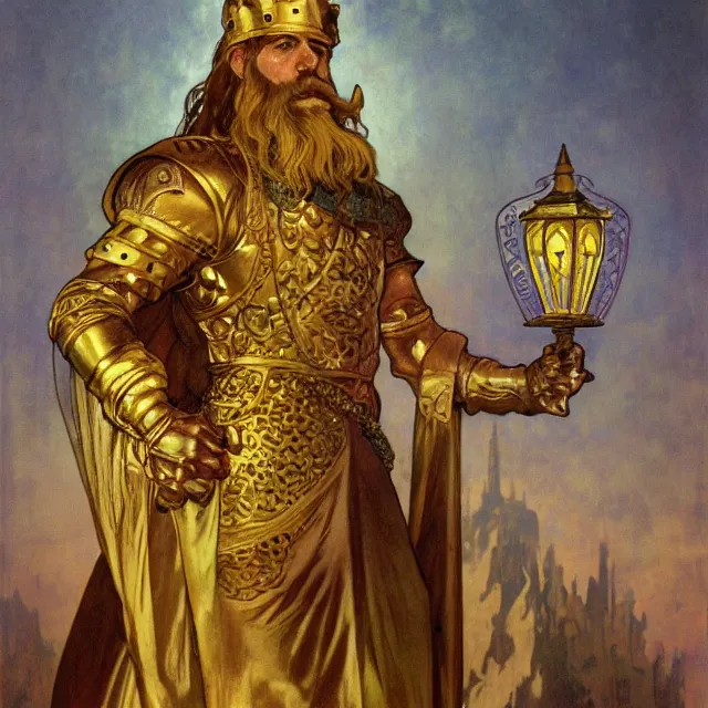 Image similar to an aesthetic! a detailed portrait of a man in a long beard, in golden armor, with a crown, holding a lantern with stacks of gold in the background, by frank frazetta and alphonse mucha, oil on canvas, art nouveau dungeons and dragons fantasy art, hd, god rays, ray tracing, crisp contour lines, huhd