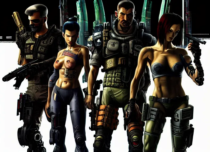 Image similar to cyberpunk blackops samurai squad. portrait by stonehouse and mœbius and will eisner and gil elvgren and pixar. character design. realistic proportions. cyberpunk 2 0 7 7 character art, blade runner 2 0 4 9 concept art. cel shading. attractive face. thick lines. the team. diverse characters. artstationhq.