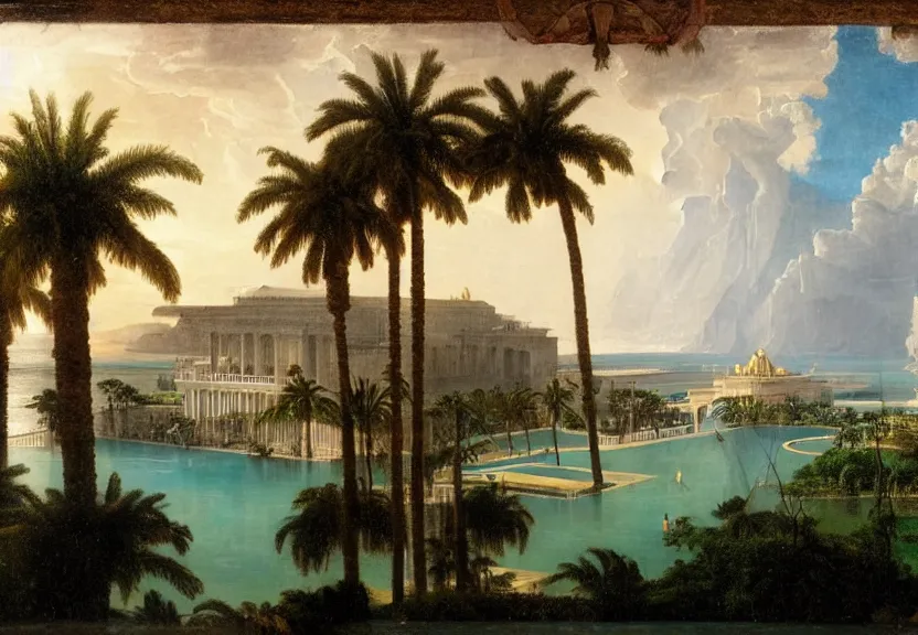 Prompt: Palace floating in the sky, 1km tall, thunderstorm, greek pool, beach and palm trees on the background major arcana sky, by paul delaroche, hyperrealistic 4k uhd, award-winning very detailed