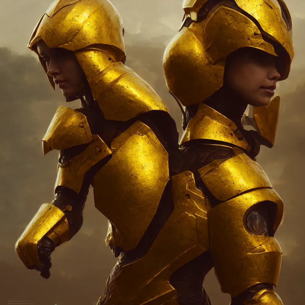 Image similar to hyper realistic woman golden armor, greg rutkowski, zabrocki, karlkka, jayison devadas, trending on artstation, 8 k, ultra wide angle, zenith view, pincushion lens effect