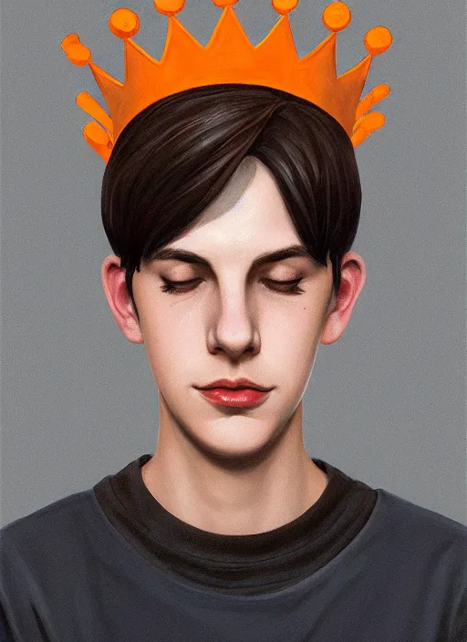 Image similar to portrait of teenage jughead jones wearing a light grey crown, symmetrical crown, hamburger background, eyes closed, crown, black hair, orange, intricate, elegant, glowing lights, warm lighting, highly detailed, digital painting, artstation, concept art, smooth, sharp focus, illustration, art by wlop, mars ravelo and greg rutkowski