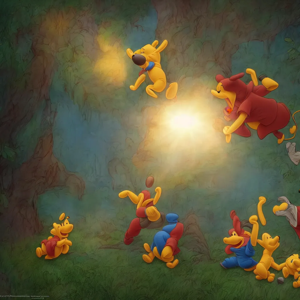 Prompt: epic finale scene of winnie the pooh being subdued by goofy and donald duck, highly detailed, volumetric lighting, epic light, cinematic, ultra detailed, by Leesha Hannigan, Ross Tran, Thierry Doizon, Kai Carpenter, Ignacio Fernández Ríos