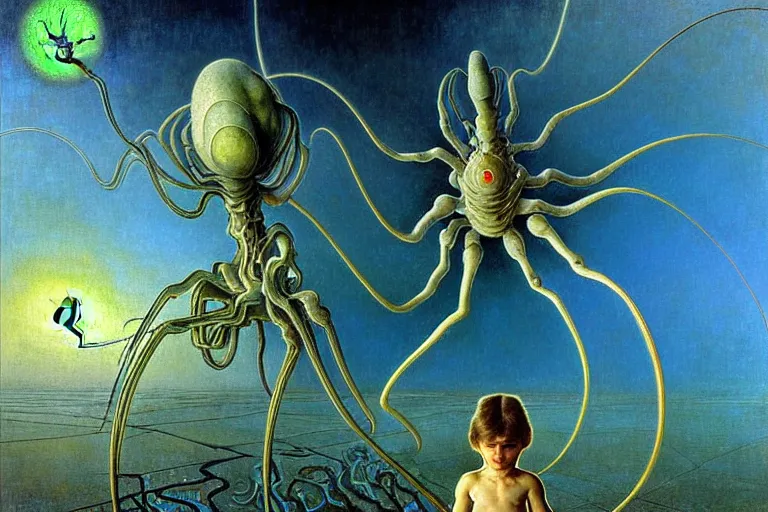 Prompt: realistic extremely detailed portrait closeup painting of a ghost kid playing with giant spider, futuristic sci-fi landscape on background by Jean Delville, Amano, Yves Tanguy, Alphonse Mucha, Ernst Haeckel, Edward Robert Hughes, Roger Dean, rich moody colours, blue eyes