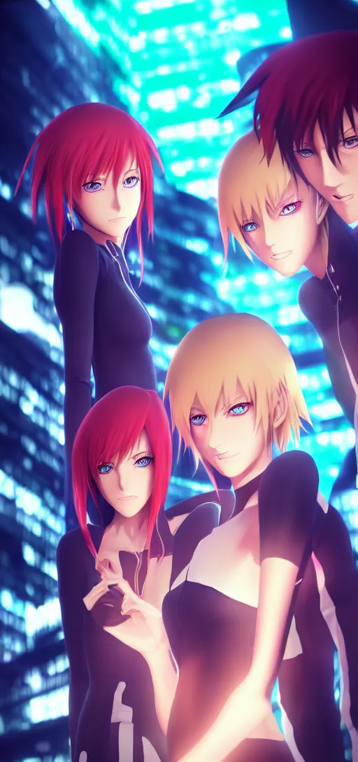 Image similar to annie leonhart and lelouch lamperouge and asuka langley in a neon city, octane render 8 k, photorealistic render, atmospheric render, beautiful face, cute, realistic skin, redshift render, realistic reflections