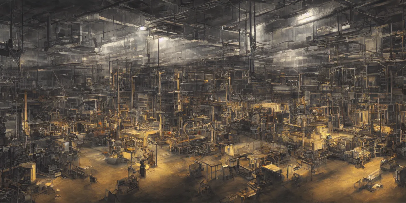 Image similar to modern factory, cinematic lighting, detailed oil painting, hyperrealistic, 8k