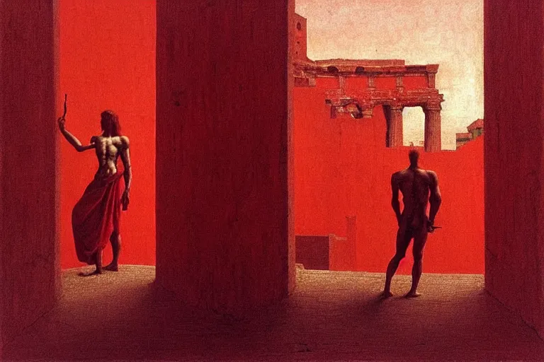 Image similar to only with red, caesar after war, the great deal, a red tiger, in hoc signo vinces, rome in background, an ancient path, in the style of beksinski, part by hopper, part by rodcenko, part by hofbauer, intricate composition, red by caravaggio, insanely quality, highly detailed, masterpiece, red light, artstation