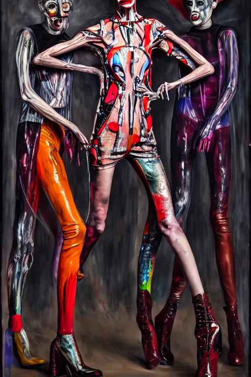 Image similar to crazy fashion catwalk, latex, constructivism, freak show, one model, crazy clothes, biopunk style, horror, hauntingly surreal, highly detailed painting by francis bacon, edward hopper, adrian ghenie, gerhard richter, and james jean 4 k