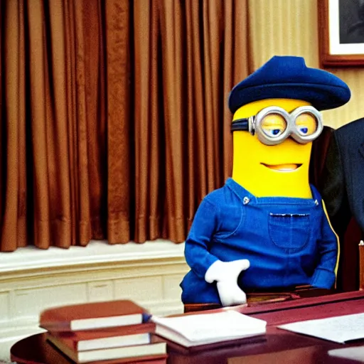 Prompt: a minion with president ronald reagan, zoom photograph, oval office,
