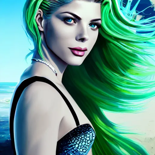 Prompt: A combination of Grace Kelly's and Katheryn Winnick's and Ashley Greene's faces with light green hair as a mermaid on the beach, cyberpunk style, synthwave aesthetic, fantasy, intricate, elegant, highly detailed, digital painting, artstation, concept art, matte, sharp focus, illustration, half body portrait, anime style, blue tint, art by Artgerm and Greg Rutkowski and Alphonse Mucha