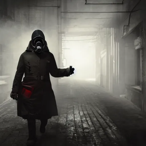 Image similar to hooden villain wearing a gas mask with red goggles, smoke coming out of his body and coat, dark background, in a dark alley, unreal engine 5, ultra realistic, detailed, fog, volumetric lighting, by greg rutkowski,