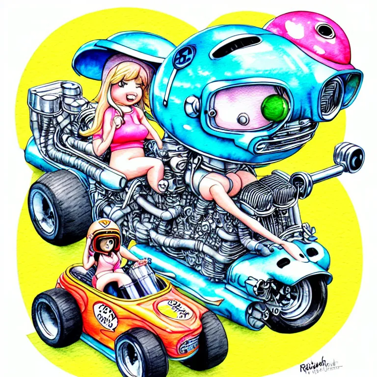 Image similar to cute and funny, pawg wearing a helmet riding in a tiny hot rod with an oversized engine, ratfink style by ed roth, centered award winning watercolor pen illustration, isometric illustration by chihiro iwasaki, edited by range murata, tiny details by artgerm and watercolor girl, symmetrically isometrically centered, sharply focused