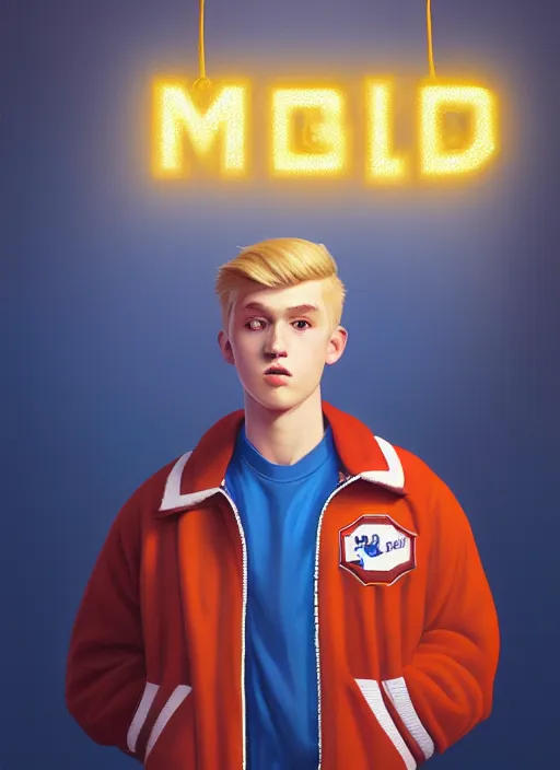 Image similar to portrait of high school senior boy named big moose, blonde short hair, jock, beefy, wide face, square jaw, square facial structure, blue varsity jacket with letter r, intricate, elegant, glowing lights, highly detailed, digital painting, artstation, concept art, sharp focus, illustration, art by wlop, mars ravelo and greg rutkowski