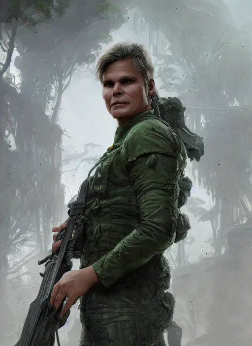 Prompt: portrait of a young richard dean anderson wearing a green combat uniform, in a post apocalyptic city overgrown by plants, by greg rutkowski, cover illustration, concept art, volumetric lighting, volumetric atmosphere, sharp focus, octane render, trending on artstation, 8 k