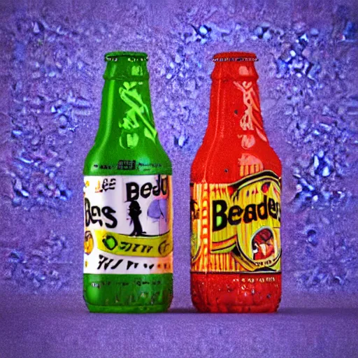 Prompt: 3d render, blender of an an advertisement for a beatles soda, with the beatles pasted on the packaging, soda bottle with a small illustration of the beatles pasted on the packaging, award winning, studio light, 4K
