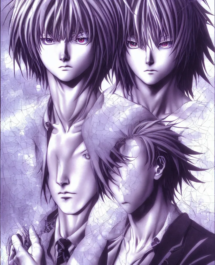 Image similar to symmetrical. realistic detailed image of anime portrait, realistic detailed male character, kaworu nagisa, depth perception, masterpiece, depth of field, action horror, gothic. art by yoshitaka amano, by yukito kishiro, by yoshiyuki sadamoto, by artgerm, by hajime sorayama