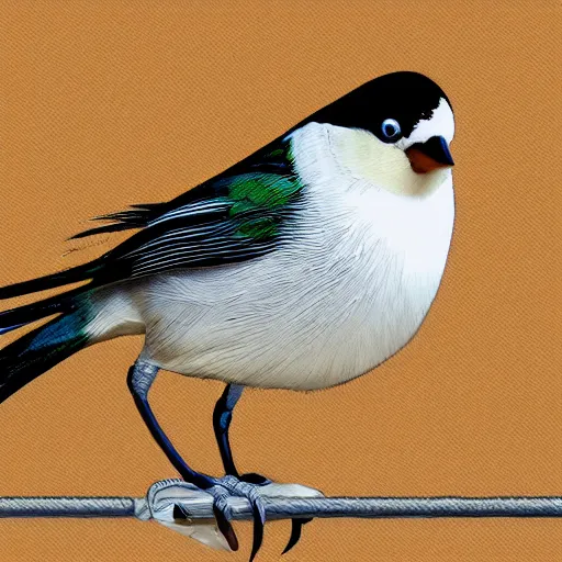 Image similar to bird stares face on into camera with quizzical expression, extremely detailed cartoon