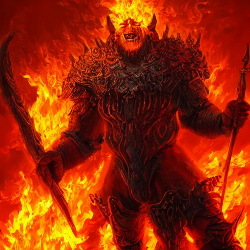 Prompt: an oil painting of an orcish paladin engulfed in flames, fantasy art, 4k, HDR, photorealistic, 8k
