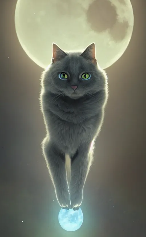 Prompt: a grey cat with blue eyes looking at the moon, volumetric lighting, glowing lights, 4k, octane, digital painting, artstation, sharp focus, illustration, cinematic film still, art by artgerm and greg rutkowski and alphonse mucha,