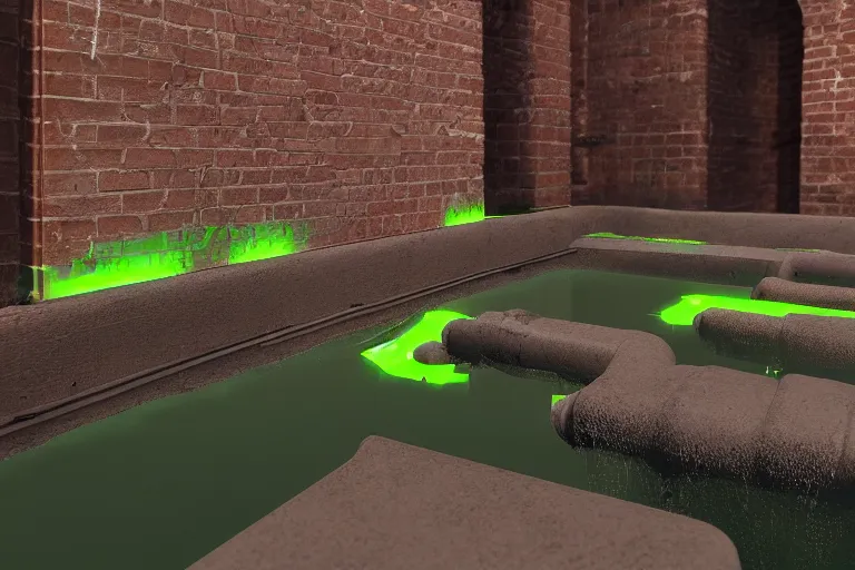 Prompt: detailed sewers environment, curved brick walls run along the channel, pipes run along the walls, a slight green glow emanates from the water, Unreal Engine render, Artstation 4K