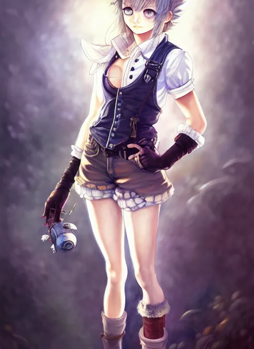 Image similar to a portrait of catgirl wearing white vest, and denim shorts an ultrafine detailed painting, detailed painting, beatyfull eyes, boris valejo. octopath traveler