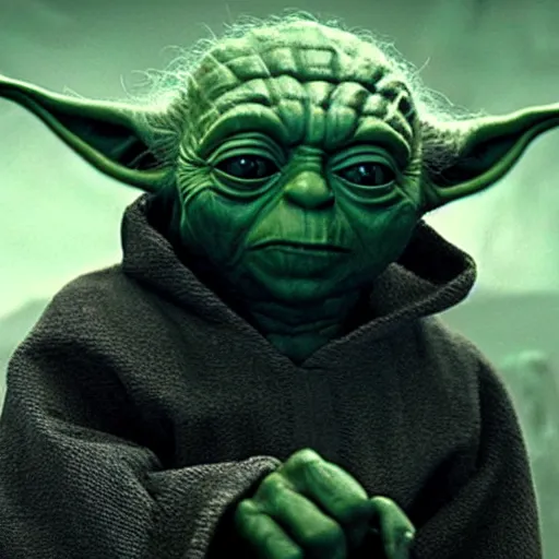 Image similar to a film still of yoda as a sith lord wearing black attire realistic, detailed