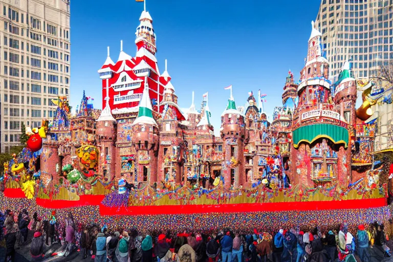 Prompt: photo of giant beautiful elaborate parade float castle designed by greg rutowski and geof darrow, in the macys parade, detailed 4 k photo, gigapixel, hyperdetailed