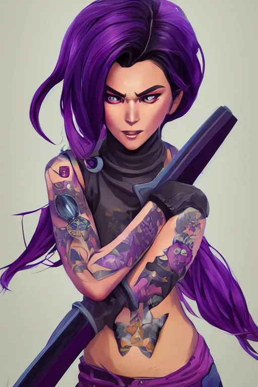 Image similar to beautiful female flowing purple hair katana tattoo symmetrical face eyes full length fantasy art apex fortnite Video game icon, 2d game art gta5 cover , official fanart behance hd artstation by Jesper Ejsing, by RHADS, Makoto Shinkai and Lois van baarle, ilya kuvshinov, rossdraws