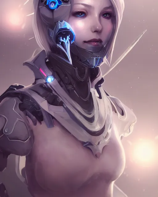 Image similar to holy cyborg necromancer girl, elegant, perfect face, scifi, futuristic, utopia, garden, illustration, atmosphere, warframe, blue eyes, white hair, artstation, nier automata, highly detailed, art by yuhong ding and chengwei pan and serafleur and ina wong