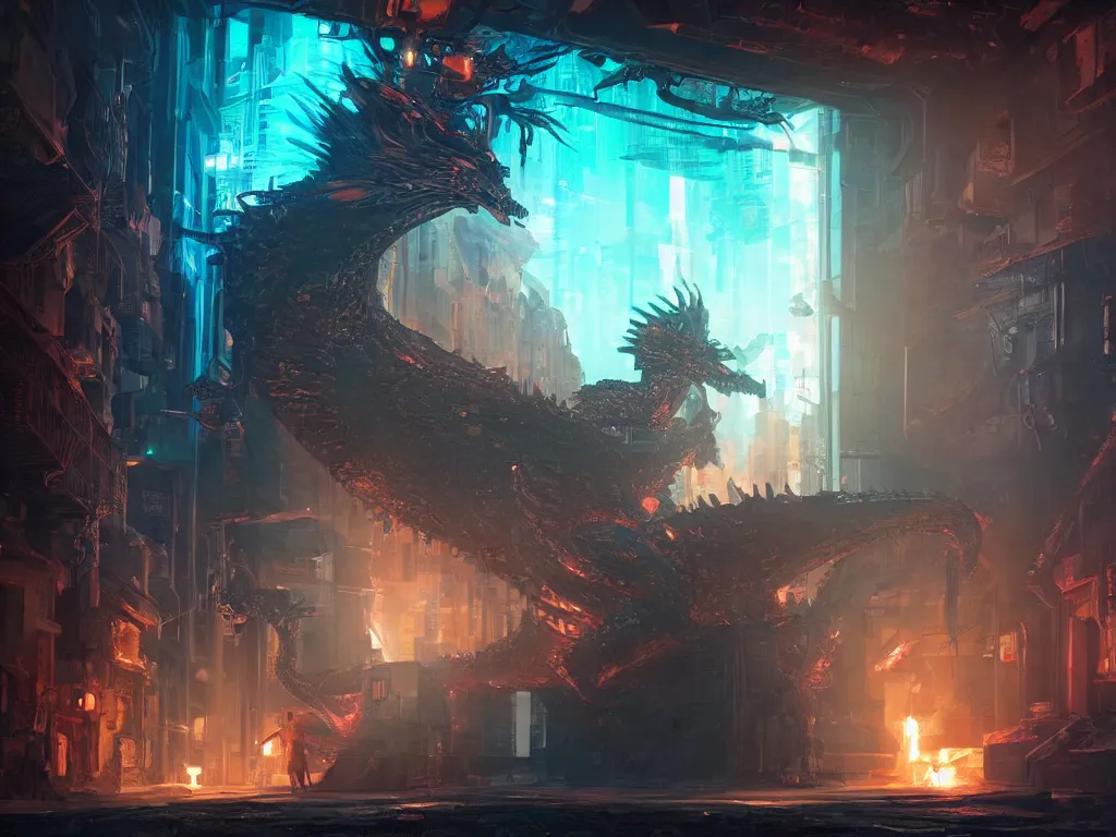 Image similar to A cyberpunk dragon in a basement protecting a technological treasure. A group of explorers are on their way, unreal engine, 8k, CGI, Ray tracing, Cyberpunk, fantasy, Elden Ring, Tron, Furi Videogame, Takashi Okazaki, neon