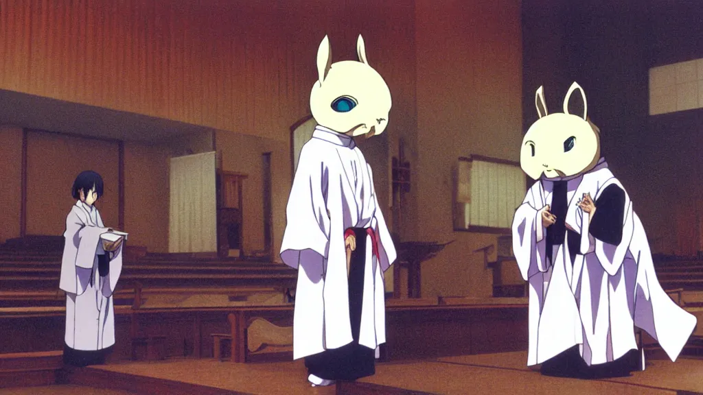 Prompt: a man wearing priest clothes and a white rabbit mask standing in an Japanese church, anime film still from the an anime directed by Katsuhiro Otomo with art direction by Salvador Dalí, wide lens