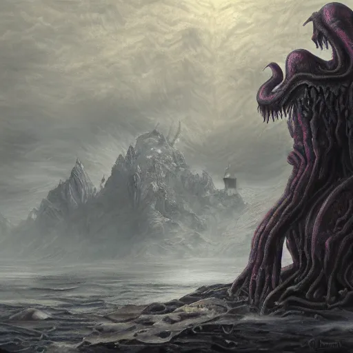 Image similar to Engraved on the wall of necromantic wizards gathered on a gloomy and mysterious island. Beneath his feet rests an ancient god.!dream A patriarchal priest of a long-forgotten Lovecraft god oil painting, digital art, ultradetailed, artstation