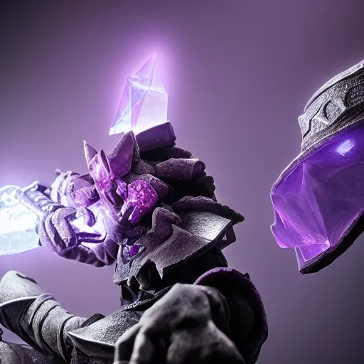 Prompt: Abyss Watcher, Purple Crystals, Mystic Creature, Light fog, raytracing, 40nm lens, shallow depth of field, split lighting, 4k,