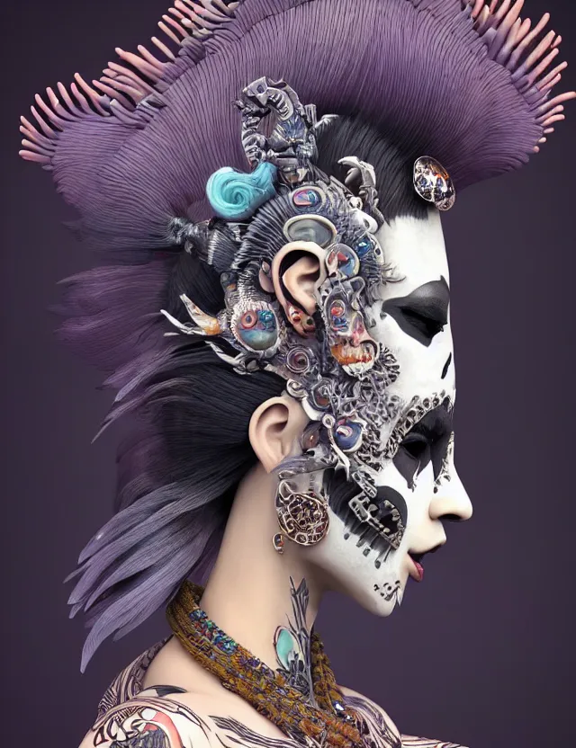 Image similar to 3 d goddess close - up profile portrait punk with mohawk with ram skull. beautiful intricately detailed japanese crow kitsune mask and clasical japanese kimono. betta fish, jellyfish phoenix, bio luminescent, plasma, ice, water, wind, creature, artwork by tooth wu and wlop and beeple and greg rutkowski