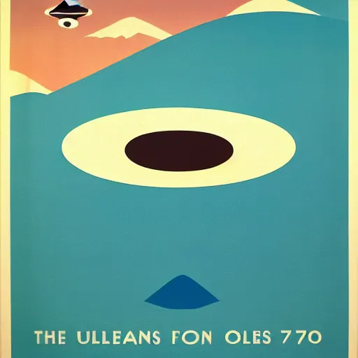 Prompt: classic vintage 7 0 s style poster of a classic ufo disc, flying saucer ; mountains background 7 0 4