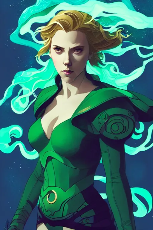 Image similar to style artgerm, joshua middleton, illustration, scarlett johansson as mage wearing green pelt light armor, anime eyes, blue hair, swirling water cosmos, fantasy, dnd, cinematic lighting