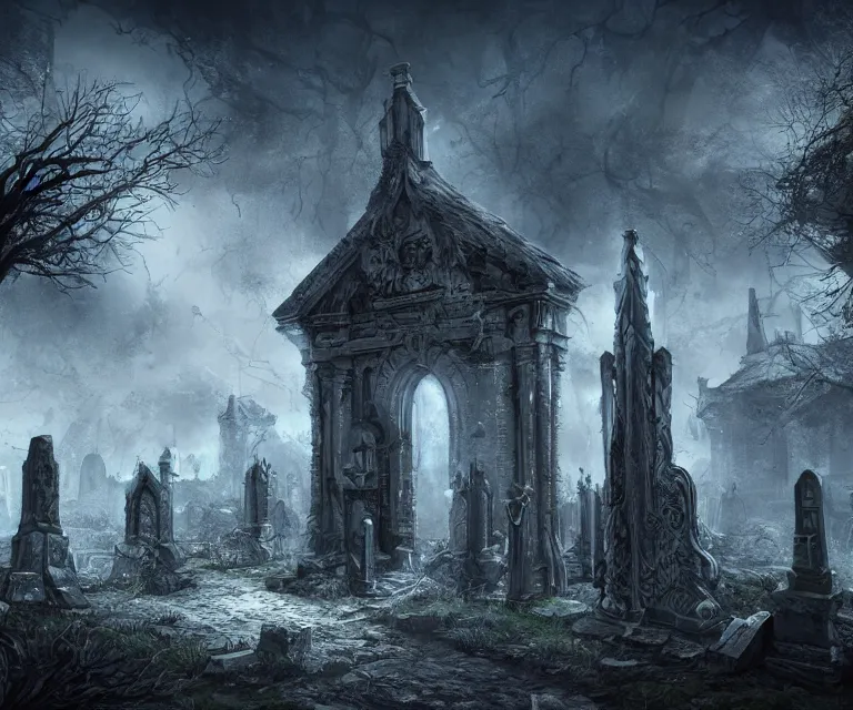 Image similar to a city of tombs and tombstones, graveyard landscape, giant grave structures, giant tomb structures, dark fantasy, digital art, fantasy art