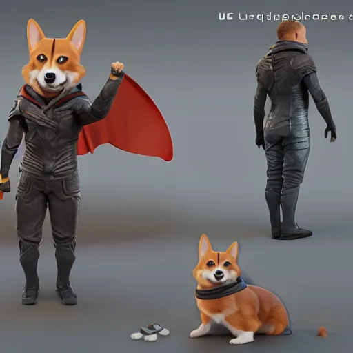 Image similar to superhero corgi, 3D cgi rendering unreal engine concept art character design, professional photography cinematic