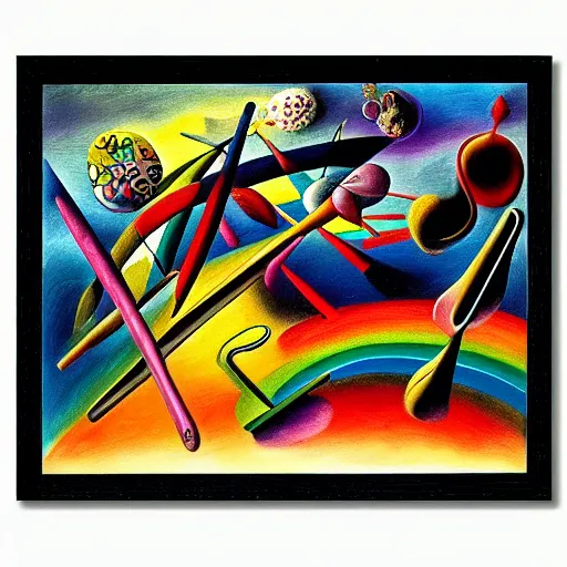 Prompt: an extremely high quality hd surrealism painting of the 3 d soul of polymer clay rainbow skinner blends by dali and kandinsky on a starry black canvas, 8 k, ultra realistic