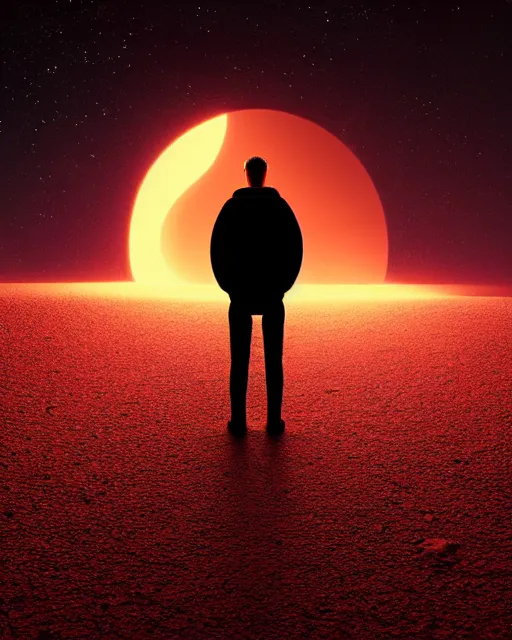 Image similar to a person standing in front of a glowy open door that's on a barren moon, poster art by mike winkelmann, trending on cg society, space art, sci - fi, ue 5, futuristic, volumetric lighting