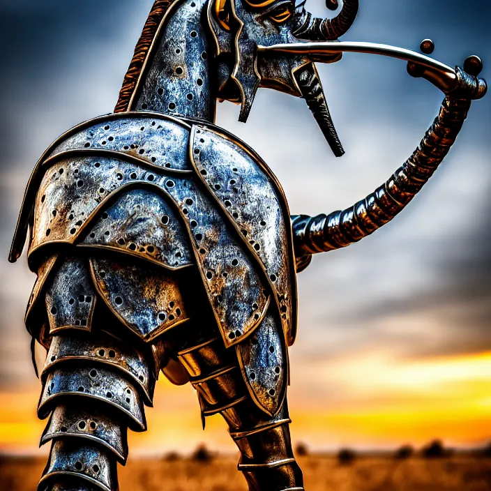 Image similar to photo of a warrior with metal jiraffe themed armour, highly detailed, 4 k, hdr, smooth, sharp focus, high resolution, award - winning photo